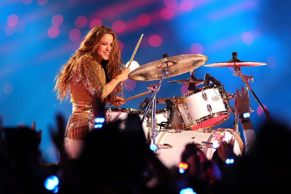 Colombian singer Shakira plays the drums during the Pepsi Super Bowl LIV Halftime Show at Hard Rock Stadium on February 02, 2020 in Miami, Florida. (Photo by Maddie Meyer/Getty Images)