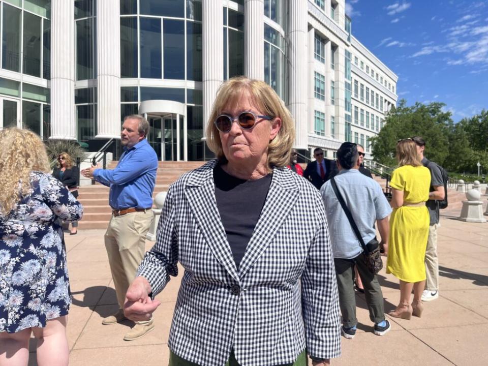  Carol Lear, member of the Utah State Board of Education, speaks at a news conference after filing a lawsuit against the Utah Fits All Scholarship program at the Scott Matheson Third District Courthouse in Salt Lake City on May 29, 2024 (Alixel Cabrera/Utah News Dispatch)