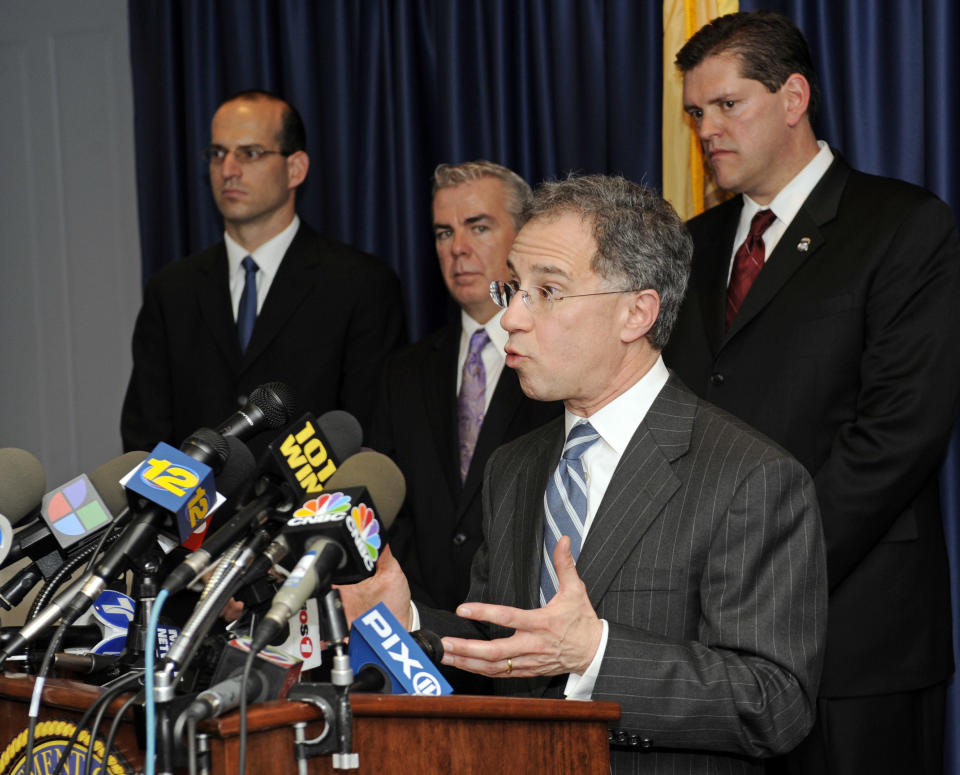 U.S. Attorney Paul J.Fishman speaks at at a news conference announcing the uncovering of one of the largest counterfeit goods smuggling operations ever charged Friday, March 2, 2012, in Newark, N.J. (AP Photo/Bill Kostroun)