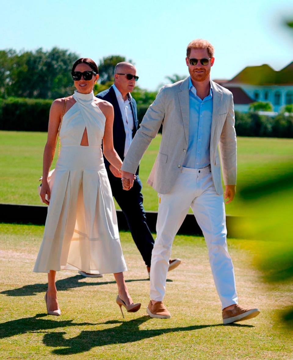 PHOTO: Britain's Prince Harry and wife Meghan Markle, Duchess of Sussex, arrive for the 2024 Royal Salute Polo Challenge to Benefit Sentebale, Wellington, FL, April 12, 2024 (Rebecca Blackwell/AP)