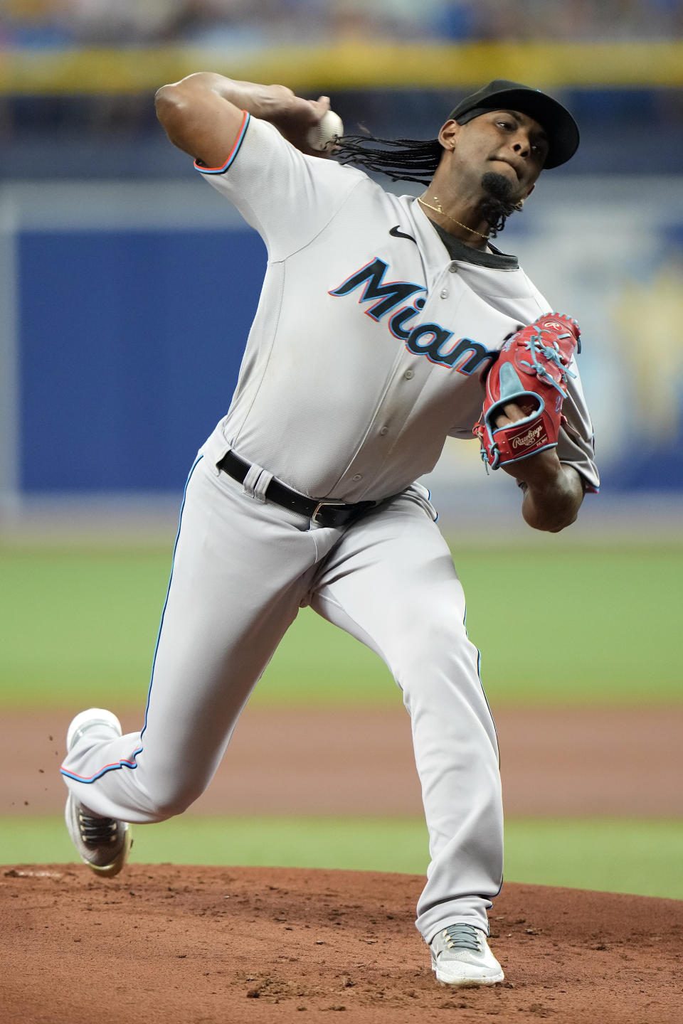 Miami Marlins' Edward Cabrera pitches to the Tampa Bay Rays during the first inning of a baseball game Tuesday, July 25, 2023, in St. Petersburg, Fla. (AP Photo/Chris O'Meara)