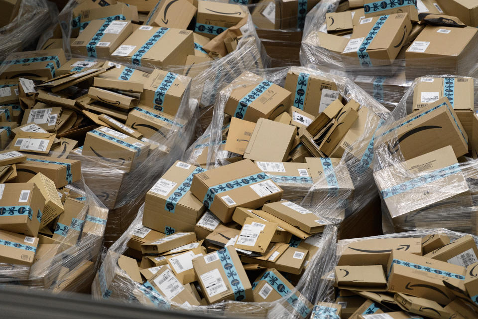 HEMEL HEMPSTEAD, ENGLAND - NOVEMBER 14: Completed customer orders are seen in their boxes, awaiting delivery, at the Amazon Fulfillment Centre on November 14, 2018 in Hemel Hempstead, England. The online retailer Amazon will again take part in the now-traditional "Black Friday" sales this year, with reductions available from 16-25 November. (Photo by Leon Neal/Getty Images) (Photo by Leon Neal/Getty Images)