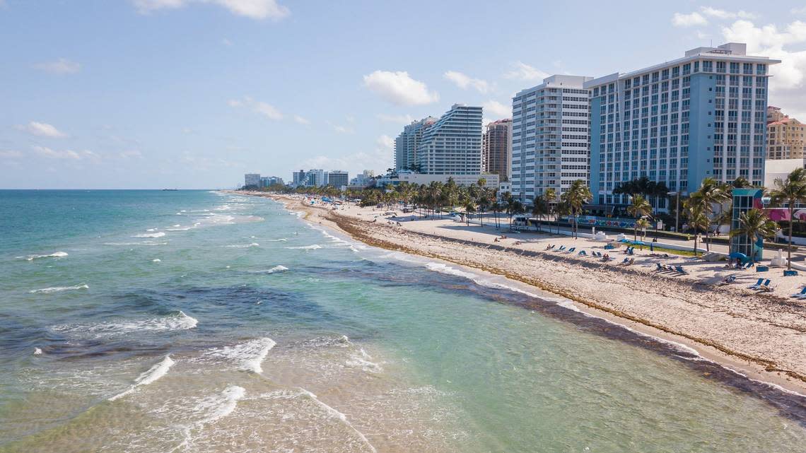 Aerial view Las Olas Beach and surrounding hotels in Fort Lauderdale, Florida on Wednesday, April 28, 2021.