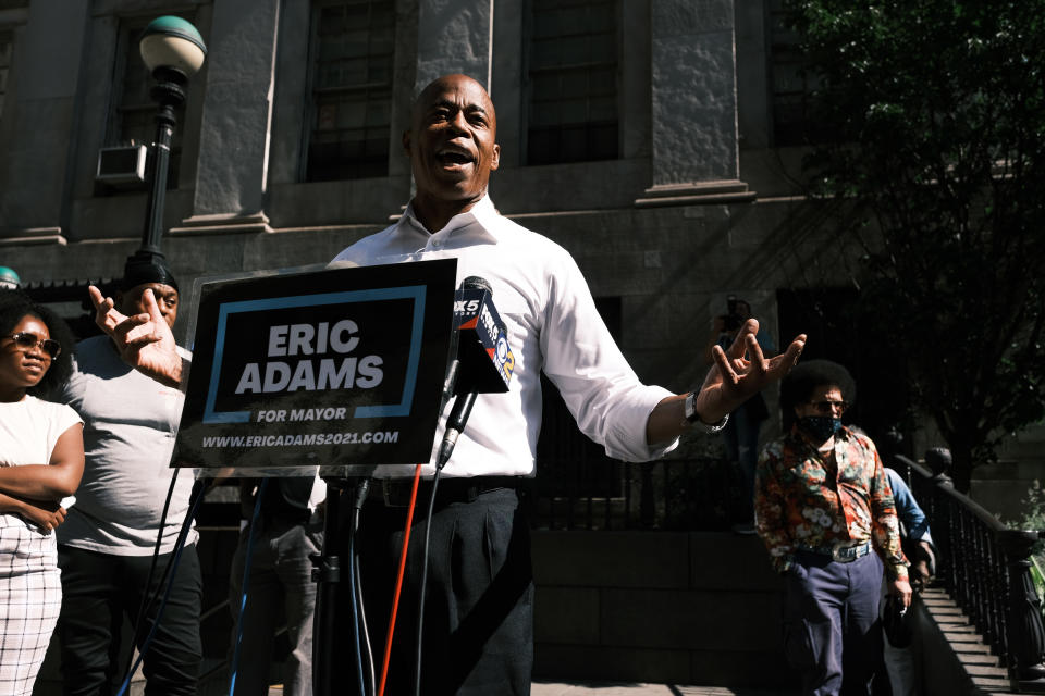 Then-Brooklyn Borough President Eric Adams speaks to the media on June 24, 2021 in New York City. 