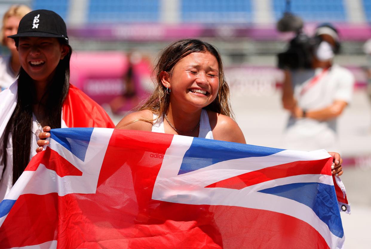 Sky Brown of Team Great Britain  reacts after winning the Bronze medal during the Women's Skateboarding Park Finals on day twelve of the Tokyo 2020 Olympic Games (Getty Images)