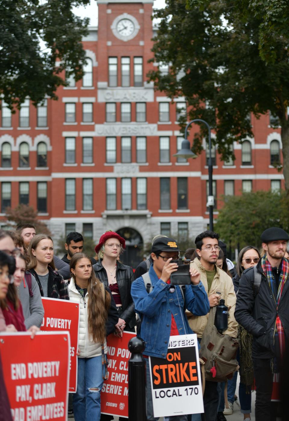 Clark University graduate student workers on strike Monday in Worcester.