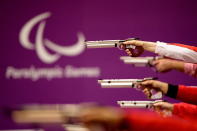 Air pistols during the Men's P1-10m Air Pistol SH1 Finals on day 1 of the London 2012 Paralympic Games at The Royal Artillery Barracks on August 30, 2012 in London, England. (Photo by Dennis Grombkowski/Getty Images)