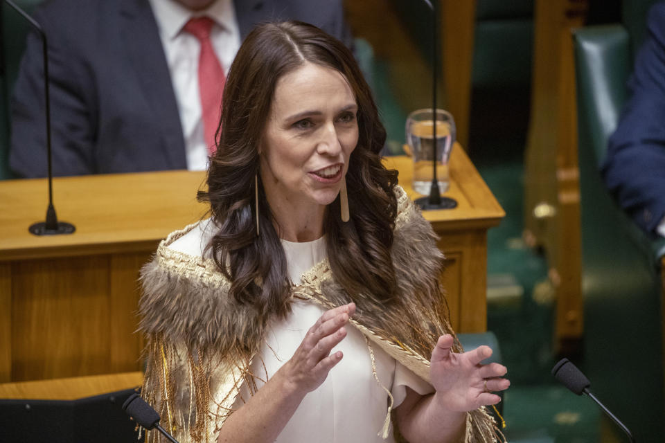 Jacinda Ardern makes her final speech to New Zealand's Parliament in Wellington, on Wednesday, April 5, 2023, after her five-year tenure as prime minister. A global icon of the left and an inspiration to women around the world, Ardern stepped down as prime minister in January, saying “I know what this job takes, and I know that I no longer have enough in the tank to do it justice. It is that simple." (Mark Mitchell/New Zealand Herald via AP)