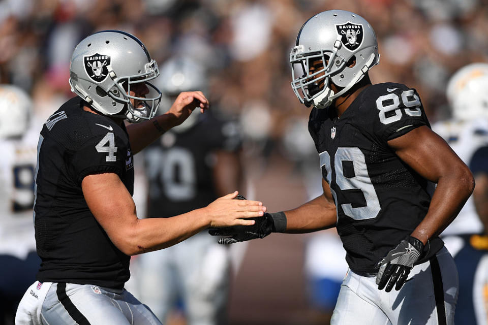 Pro Bowl bound: Derek Carr and Amari Cooper are among seven Raiders named to the annual all-star game. (Getty Images)