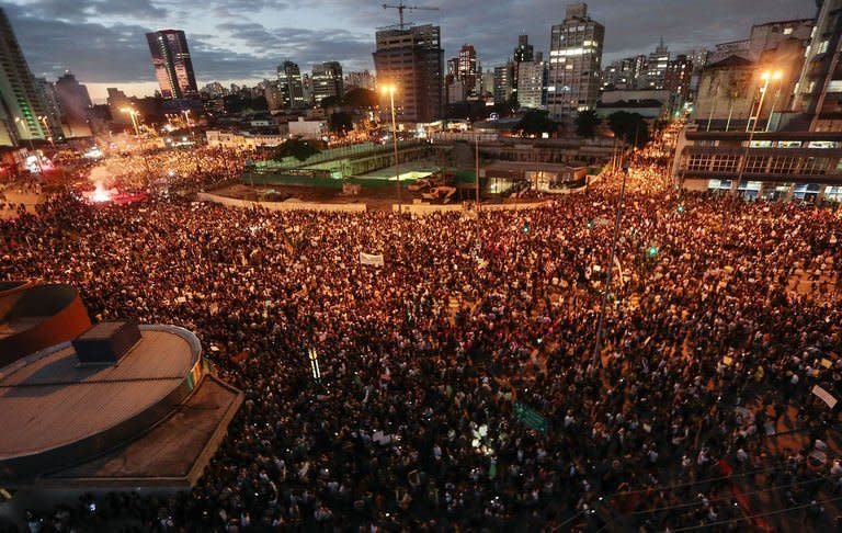 Thousands of people protest in Sao Paulo on June 17, 2013. More than 200,000 people marched in major Brazilian cities to protest the billions of dollars spent on the Confederations Cup and higher public transport costs