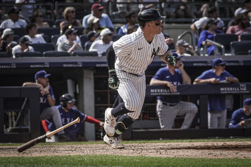 New York Yankees Harrison Bader watch his double during a baseball game against the Texas Rangers, Sunday, June 25, 2023, in New York. (AP Photo/Bebeto Matthews)