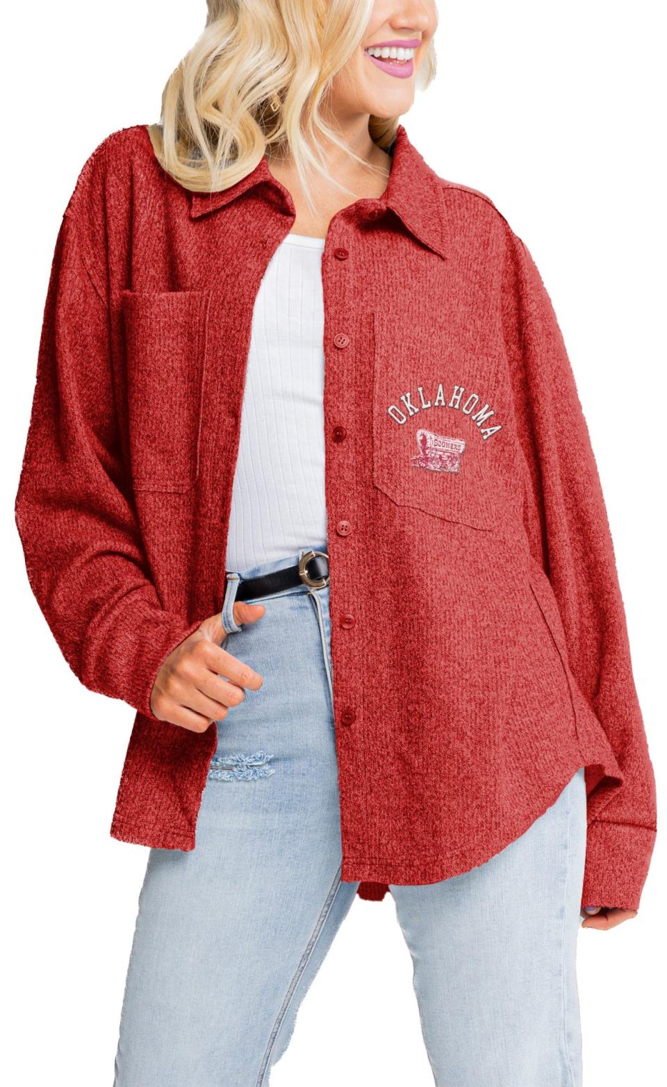 <p><a href="https://clicks.trx-hub.com/xid/hearstcorp_9eb67_tpw?q=https%3A%2F%2Fwww.dickssportinggoods.com%2Fp%2Fgameday-couture-womens-oklahoma-sooners-crimson-shacket-22rrjwnckcrmwshckokl%2F22rrjwnckcrmwshckokl&p=https%3A%2F%2Fwww.thepioneerwoman.com%2Fholidays-celebrations%2Fgifts%2Fg41589500%2Ffootball-gifts%2F&utmSource=yahoo-us&utmCampaign=3208&utmMedium=syn" rel="nofollow noopener" target="_blank" data-ylk="slk:Shop Now;elm:context_link;itc:0;sec:content-canvas" class="link ">Shop Now</a></p><p>Gameday Couture Shacket</p><p>dickssportinggoods.com</p><p>$64.99</p><span class="copyright">Dick's Sporting Goods</span>