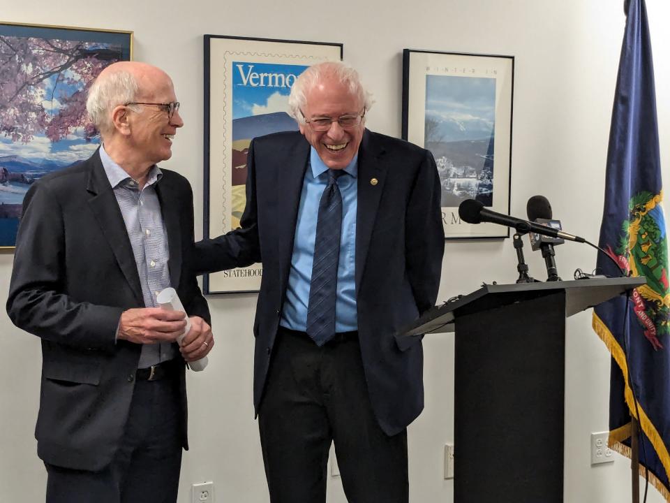 U.S. Sens. Bernie Sanders and Peter Welch during a March 18, 2024 press conference about federal funding.
