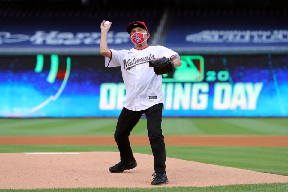 <p>Dr. Anthony Fauci throws out the ceremonial first pitch prior to the game between the New York Yankees and the Washington Nationals at Nationals Park.</p>