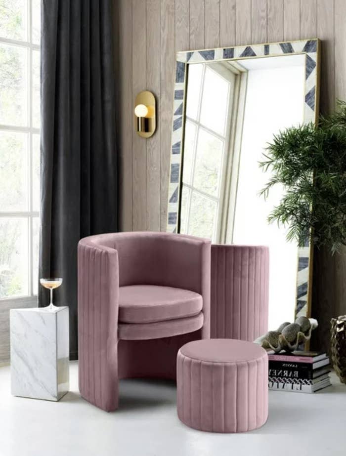 pink velvet accent chair with matching ottoman