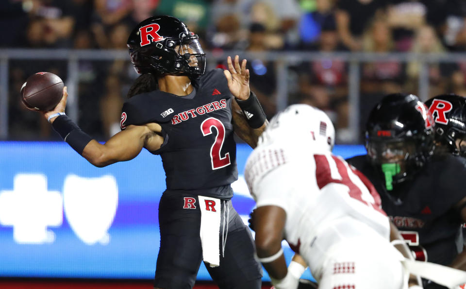 Rutgers quarterback Gavin Wimsatt (2) throws a pass against Temple during the first half of an NCAA college football game, Saturday, Sept. 9, 2023, in Piscataway, N.J. (AP Photo/Noah K. Murray)