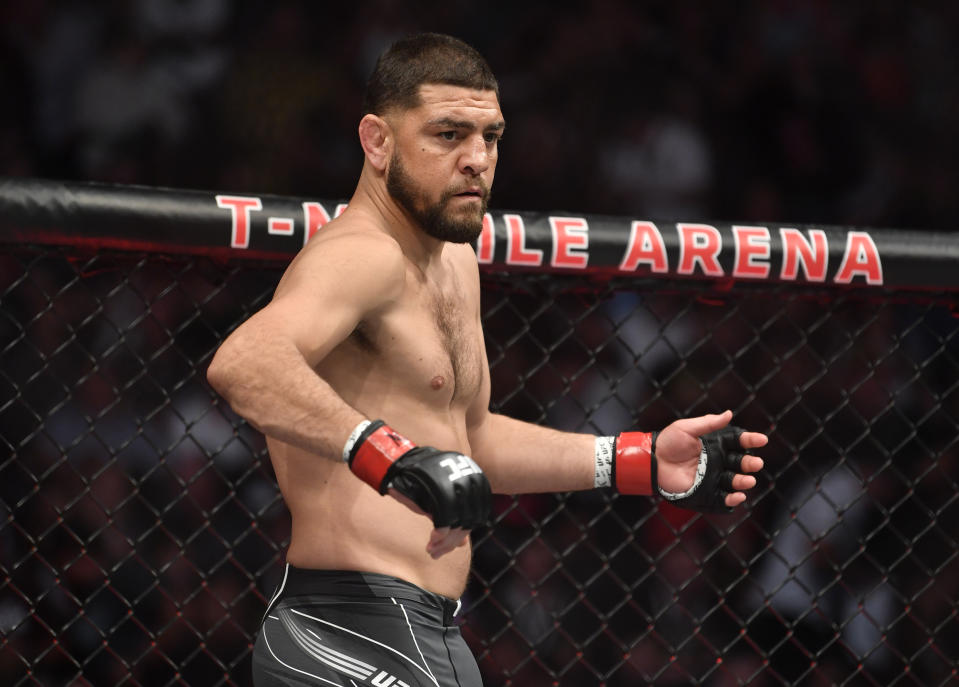 LAS VEGAS, NEVADA - SEPTEMBER 25: Nick Diaz enters the Octagon in his middleweight fight during the UFC 266 event on September 25, 2021 in Las Vegas, Nevada. (Photo by Chris Unger/Zuffa LLC)