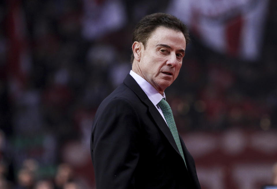 ATHENS, GREECE - MARCH 03: Rick Pitino, Head Coach of Panathinaikos Opap Athens react during the 2019/2020 Turkish Airlines EuroLeague Regular Season Round 27 match between Olympiacos Piraeus and Panathinaikos Opap Athens at Peace and Friendship Stadium on March 03, 2020 in Athens, Greece. (Photo by Panagiotis Moschandreou/Euroleague Basketball via Getty Images)