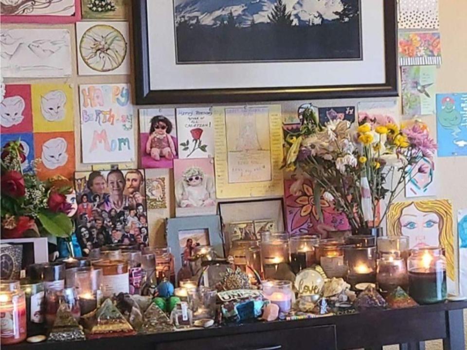 A shrine to deceased “Mother God” Amy Carlson (Supplied by Rising Above Love Has Won)