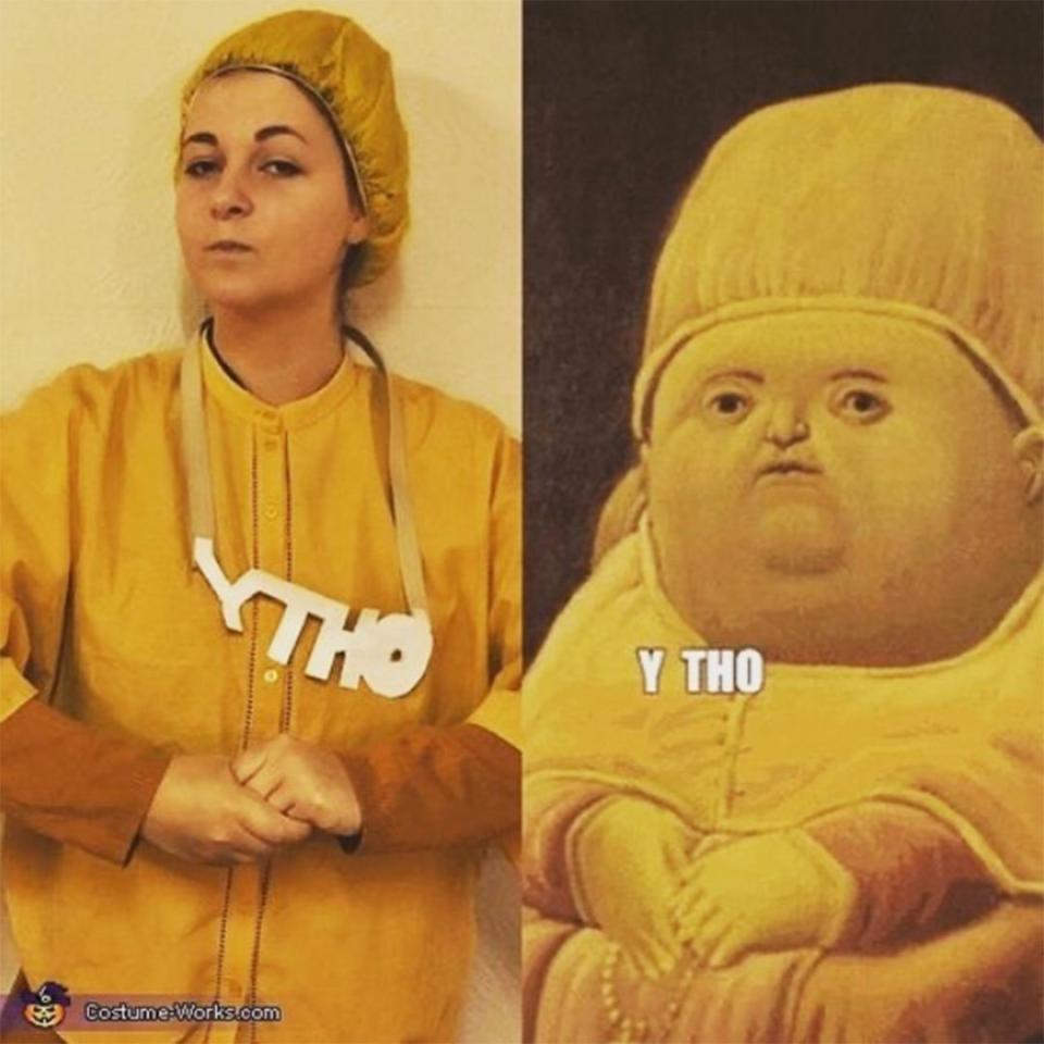 You can give up trying to top this replica of the viral "Y THO" face because this costume wins.