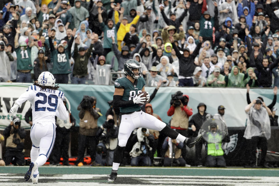 Philadelphia Eagles' Dallas Goedert (88) catches a touchdown pass against Indianapolis Colts' Malik Hooker (29) during the first half of an NFL football game, Sunday, Sept. 23, 2018, in Philadelphia. (AP Photo/Chris Szagola)