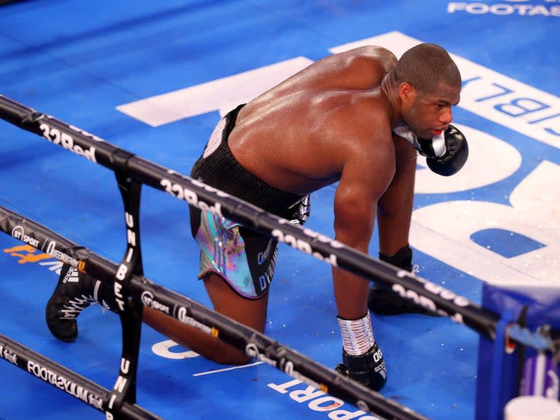 <p>Daniel Dubois takes a knee in the 10th round</p> (Getty Images)