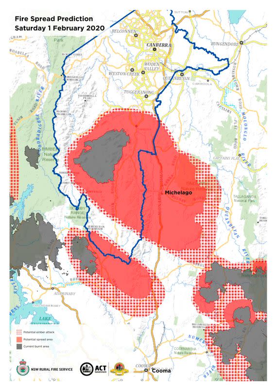 A map shows the predicted spread of bushfire near Canberra and the Australian Capital Territory