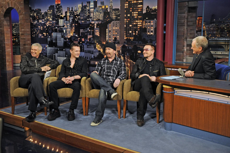 L-R U2 band members Adam Clayton,  Larry Mullen Jr., The Edge and Bono sit down and talk to Dave on the Lat Show with David Letterman, March 5, 2009.
