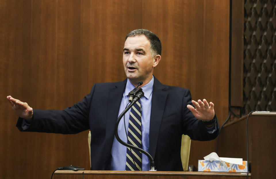U.S. Department of Justice Analyst Paul Rowlett testifies during the fifth day of the retrial of Quinton Tellis on Saturday, Sept. 29, 2018, in Batesville, Miss. Tellis is being retried on capital murder charges in the 2014 death of Jessica Chambers after a jury couldn't reach a verdict in Tellis' first trial last year. (Brad Vest/The Commercial Appeal via AP, Pool)