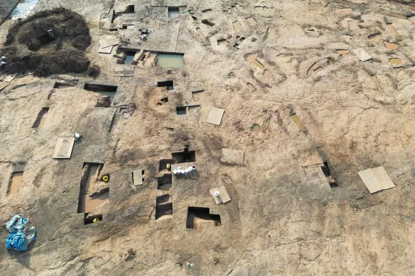 Part of the site being examined by archaeologists pictured from the air