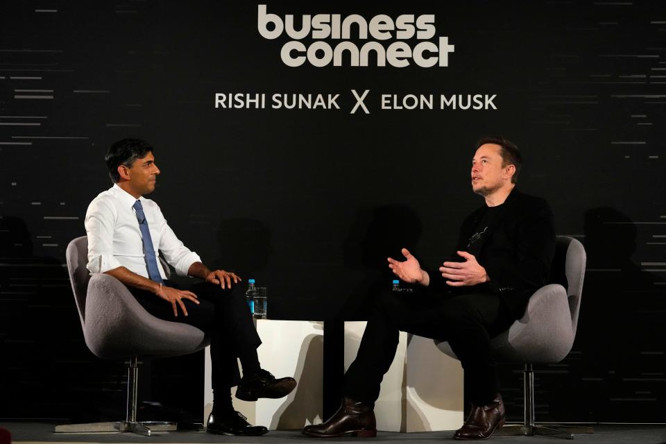 British Prime Minister Rishi Sunak (L) attends an in-conversation event with Tesla and SpaceX's CEO Elon Musk at Lancaster House on November 2, 2023 in London, England. Sunak discussed AI with Elon Musk in a conversation that is played on the social network X, which Musk owns.