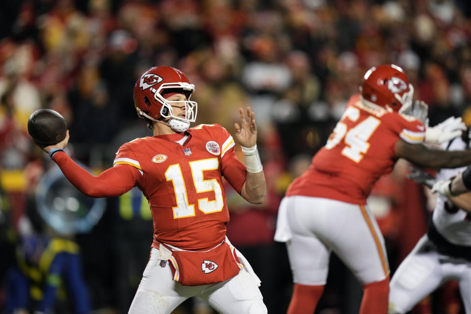 Kansas City Chiefs quarterback Patrick Mahomes (15) throws during the second half of an NFL football game against the Cincinnati Bengals Sunday, Dec. 31, 2023, in Kansas City, Mo. (AP Photo/Charlie Riedel)
