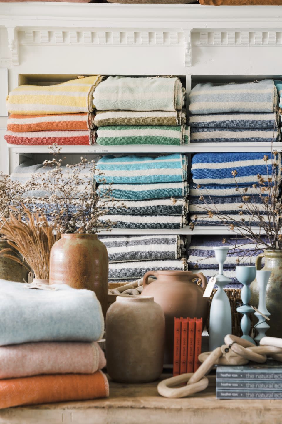 shelves with blankets