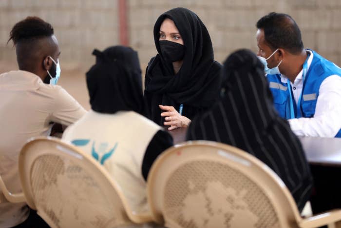 Angelina Jolie meets Somali refugees who fled their homes and found safety in Yemen, March 6, 2022, in Aden, Lahej, Yemen.