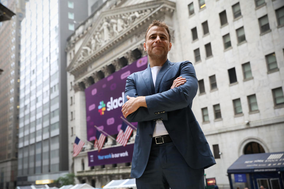 Slack Technologies Inc. co-founder and CEO Stewart Butterfield poses outside the New York Stock Exchange (NYSE) during thew company's IPO in New York, U.S. June 20, 2019.  REUTERS/Brendan McDermid