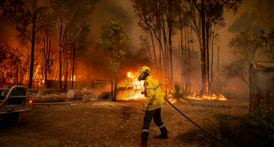 A firefighter tackles with the Chidlow and Wooroloo bushfire seen behind them.