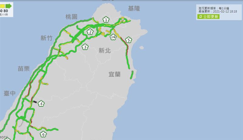 大年初一晚間18時，國五北向紅爆。（圖／翻攝自高速公路1968網站）