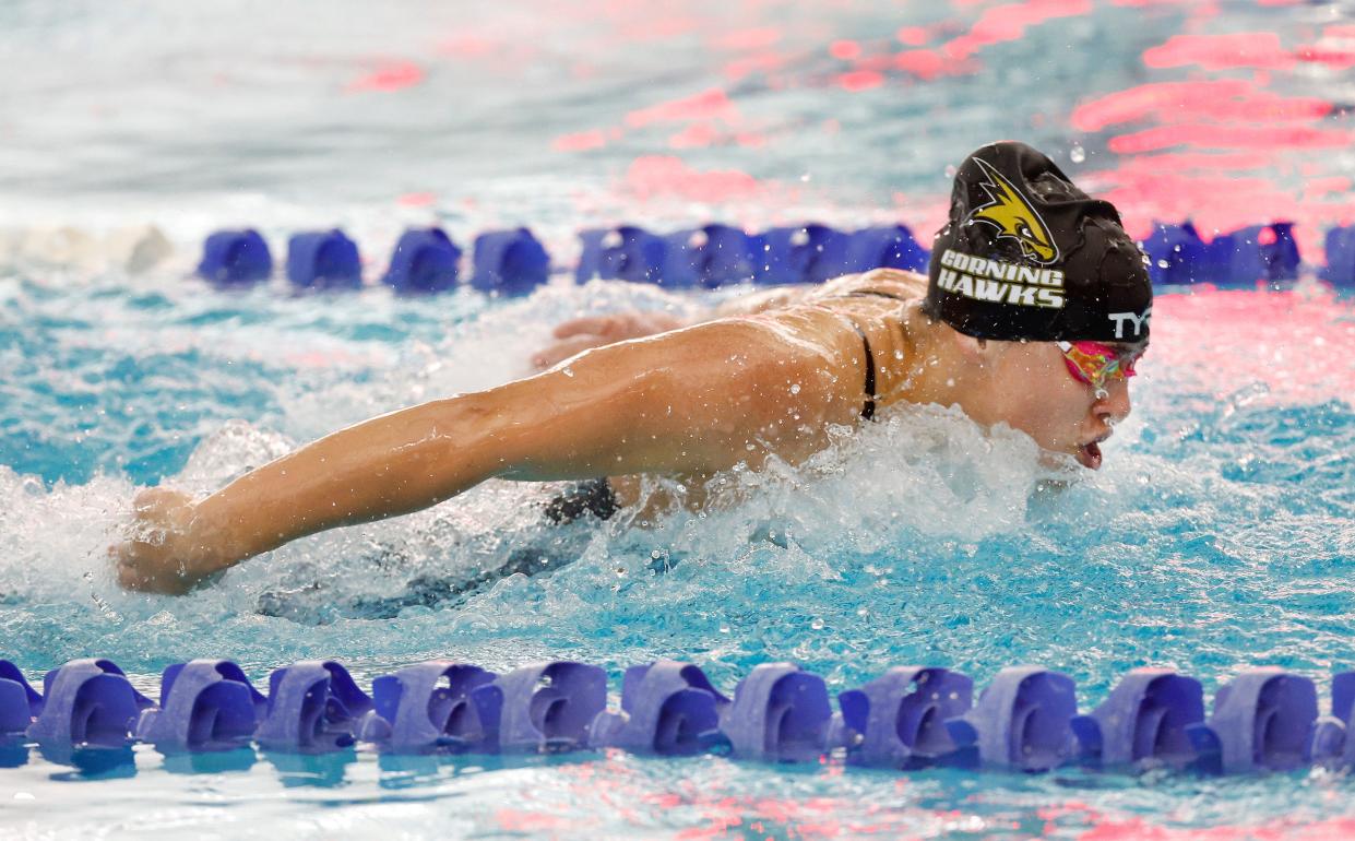 Corning’s Angie McKane winning the preliminary event in the 100 butterfly during the NYS meet.