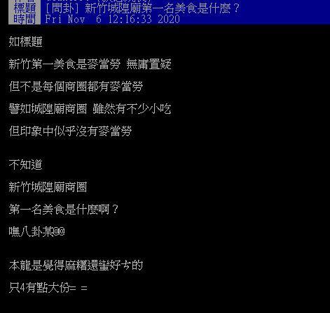 原PO詢問新竹城隍廟第一名的美食是什麼。（圖／翻攝自PTT）