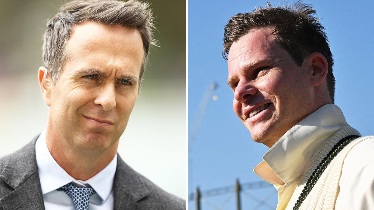 Michael Vaughan during commentary and Steve Smith during an interview.