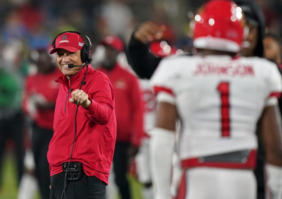 Generals head coach Mike Riley celebrates a play during the second half against the Stallions, April 16, 2022, in Birmingham.