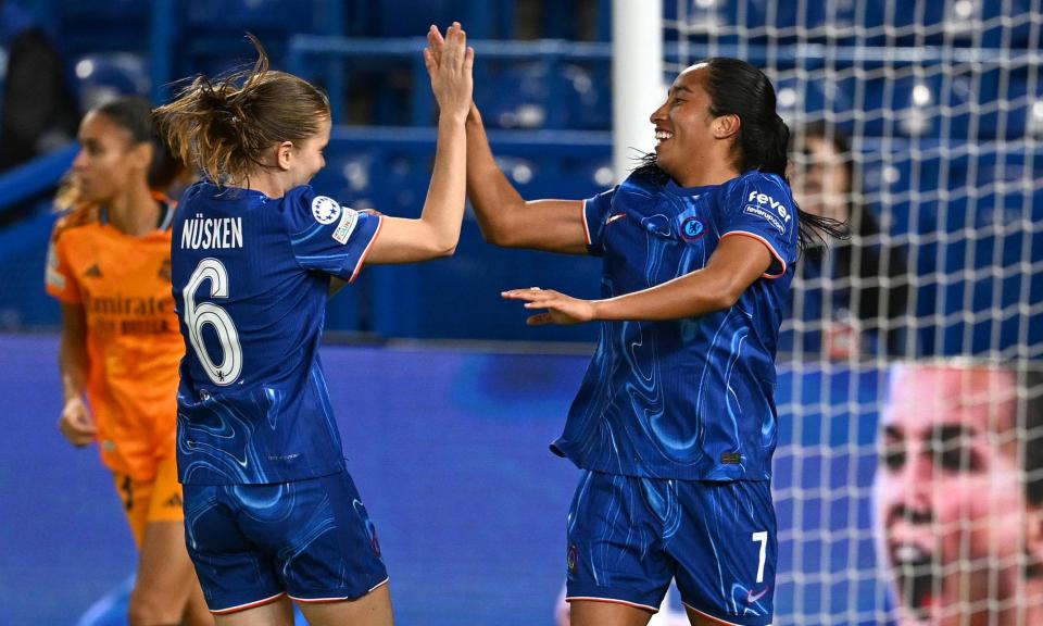 <span>Mayra Ramírez and Sjoeke Nüsken show their delight after the Colombia striker scored Chelsea’s third.</span><span>Photograph: Darren Walsh/Chelsea FC/Getty Images</span>