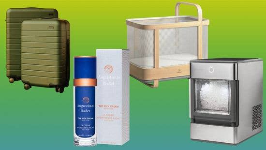 An Away suitcase, Agustinus Bader ﻿facial cream, Cradlewise bassinet and GE Profile Opal nugget ice maker.