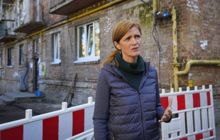 USAID Administrator Samantha Power in Kyiv, Ukraine, Thursday, Oct. 6, 2022. The head of the U.S. Agency for International Development, Samantha Power, traveled to Kyiv to hold meetings with government officials and residents. She said the U.S. would provide an additional $55 million to repair heating pipes and other equipment. (AP Photo/Efrem Lukatsky, Pool)