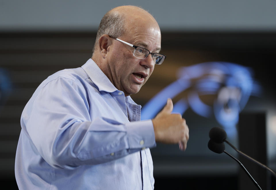 FILE - In this July 10, 2018 file photo, New Carolina Panthers owner David Tepper answers a question during a news conference at Bank of America Stadium in Charlotte, N.C. The South Carolina Senate appears to be preparing for a key vote on whether to give the Carolina Panthers tax breaks and incentives to move their practice fields out of South Carolina. State Sen. Dick Harpootlian removed his objection on the bill Tuesday, May 7, 2019, so it could come to a vote. (AP Photo/Chuck Burton, File)
