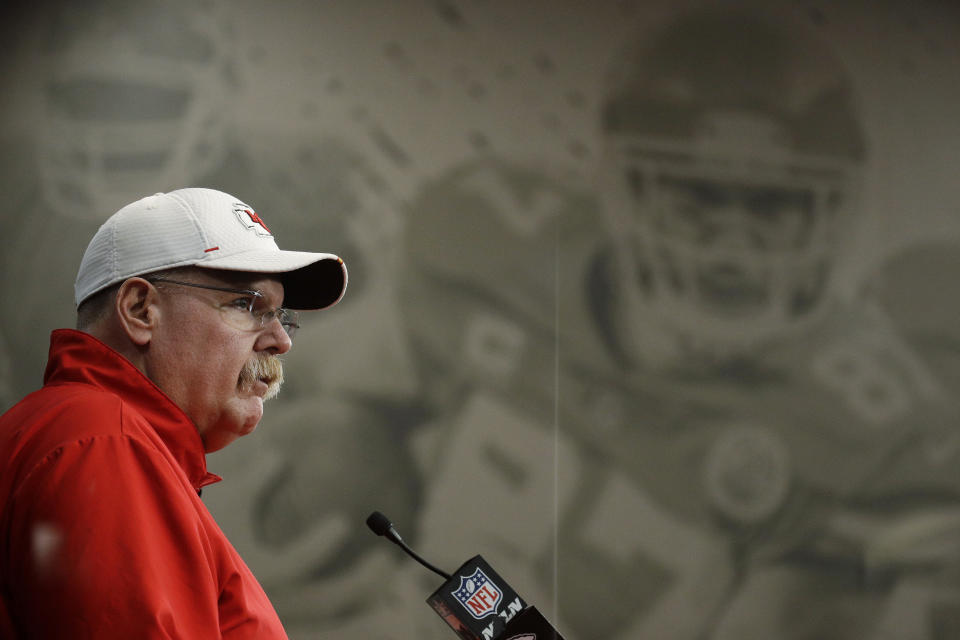Kansas City Chiefs head coach Andy Reid addresses the media at a news conference Wednesday, Jan. 22, 2020 at Arrowhead Stadium in Kansas City, Mo. The Chiefs will face the San Francisco 49ers in Super Bowl 54. (AP Photo/Charlie Riedel)