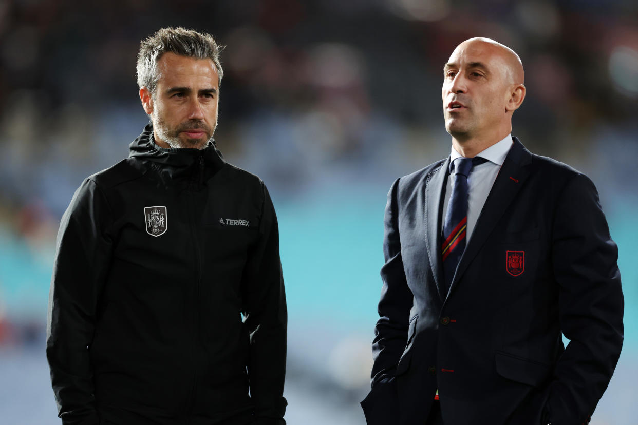 Spain head coach Jorge Vilda (left) triggered complicated feelings around his team's Women's World Cup title. Spain soccer federation president Luis Rubiales triggered controversy. (Alex Pantling/FIFA via Getty Images)
