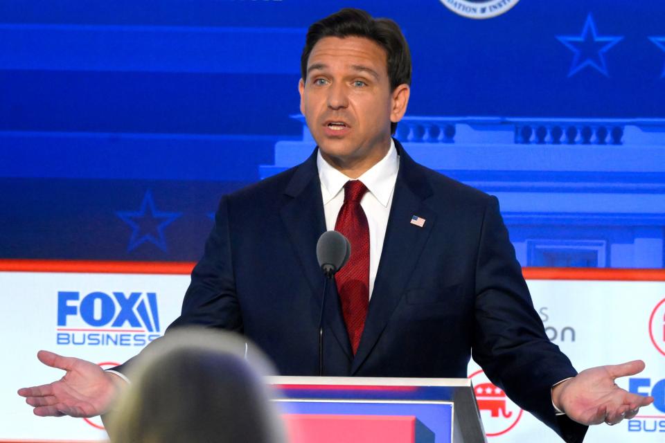 Florida Gov. Ron DeSantis speaks during the FOX Business Republican presidential primary debate at the Ronald Reagan Presidential Library and Museum.