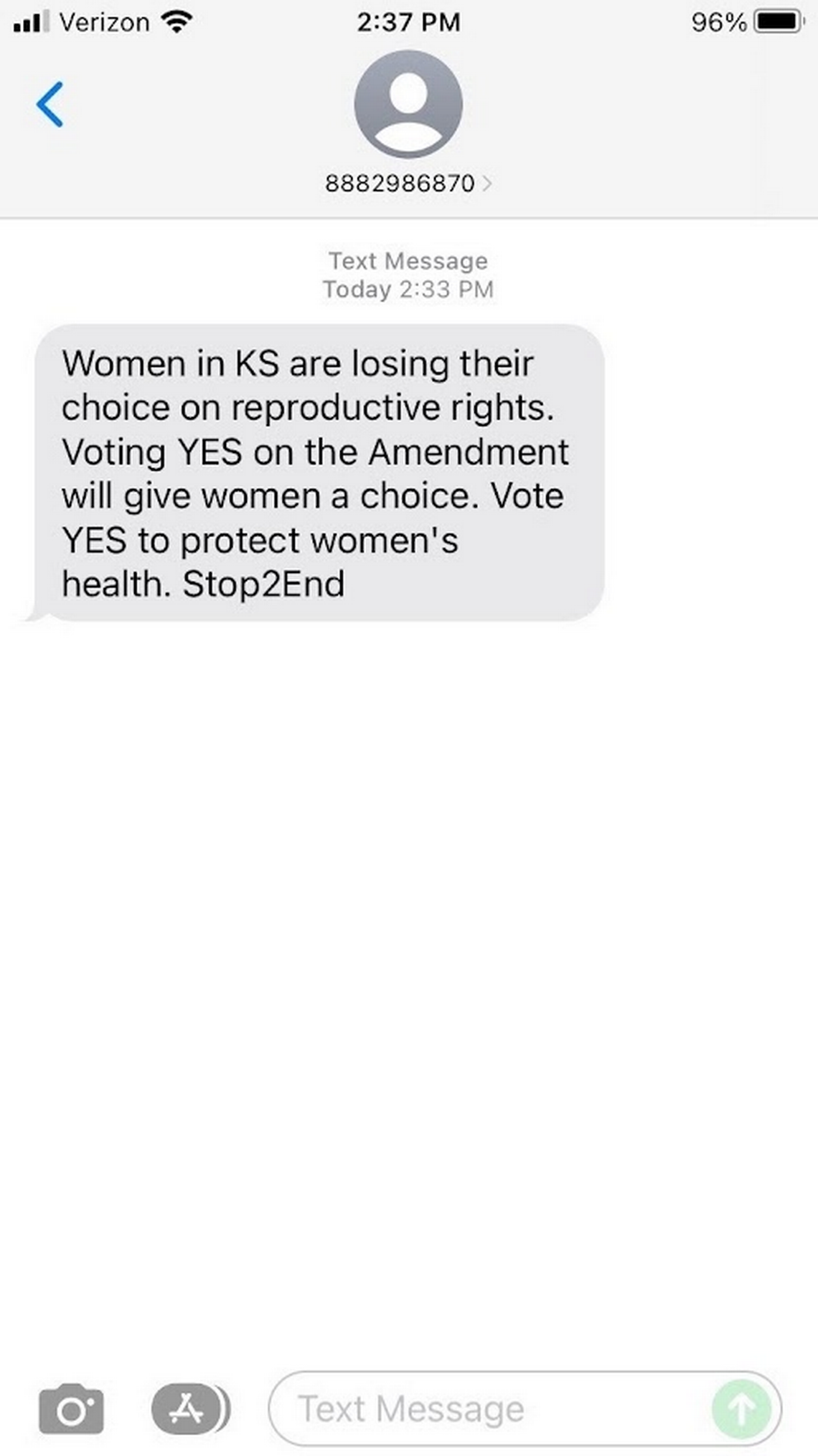 Several Kansans received text messages urging a “yes” vote to “give women a choice” the day before Kansans vote on an amendment to remove abortion rights from the state constitution.