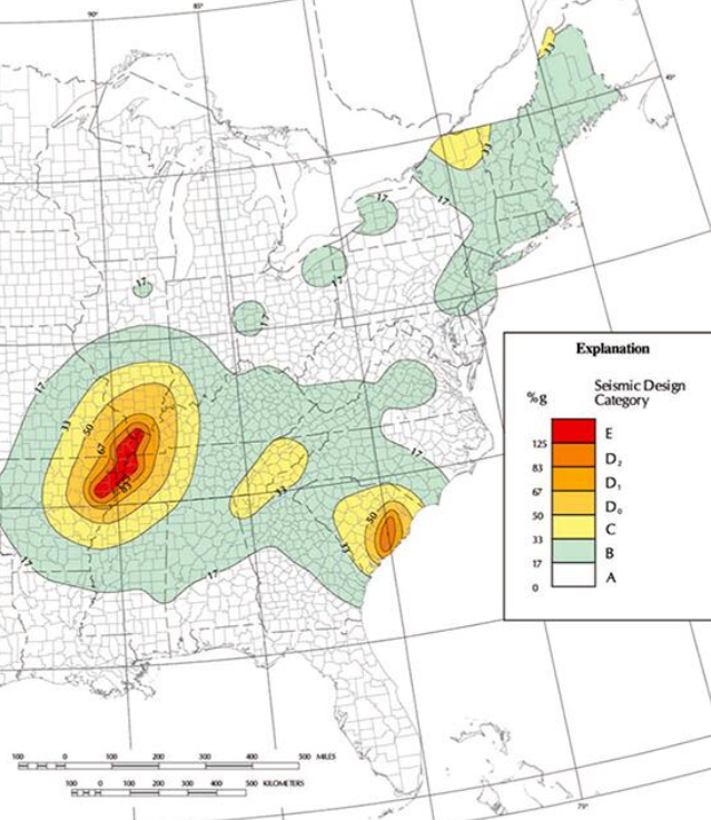 A FEMA map depicting earthquake hazards in the eastern U.S. Most of New Jersey is colored green, which means it can experience "shaking of moderate intensity," with the effects "felt by all, many frightened. Some heavy furniture moved; a few instances of fallen plaster. Damage slight."